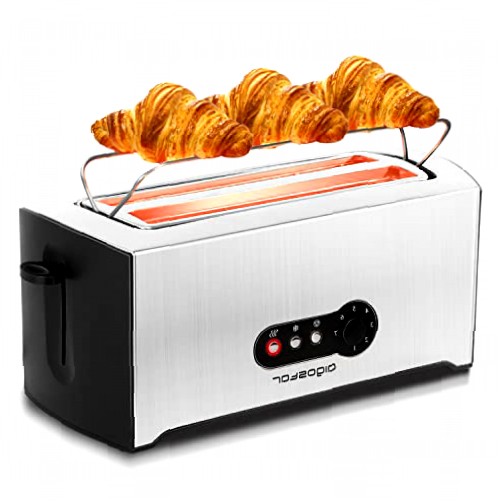 Aigostar Sunshine 30KDG - Tostadoras pan 4 rebanadas con 7 niveles de tostado, 1600 W, ranuras extra largas, Rejilla calientabollos integrada, función descongelación y recalentar, acero inoxidable.