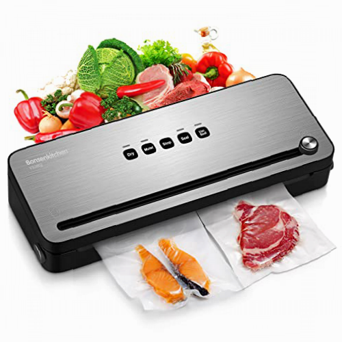 Bonsenkitchen Envasadora al Vacío Domesticas 4 en 1 Envasar al Vacio Maquina con Cortador de Película para Alimentos Fresca, Embasadora Incluyendo Bolsas de Vacío, Negra Selladora VS3802
