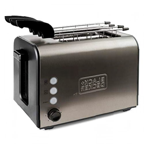 Black+Decker BXTOA900E Tostadora de Pan con 2 Ranuras Extra Anchas, 7 Niveles de Tostado, Sistema de Pinzas extraíbles, Funciones: Stop, Recalentar y Descongelar, 900 W, Acero Inoxidable, INOX