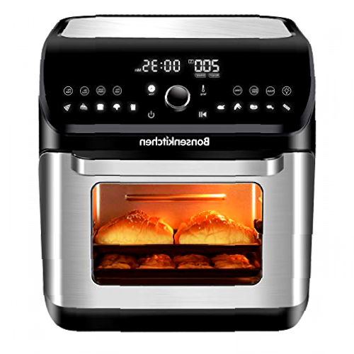 Bonsenkitchen Freidora sin Aceite 10L, 1500W Horno de Aire con 10 programas, Pantalla LED Táctil, Temperatura y Tiempo ajustable, Freidora de Aire Caliente con 6 Accesorios Gratis y Recetas