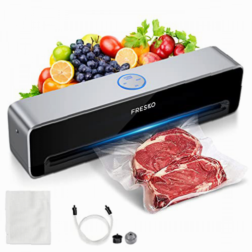 FRESKO Envasadora al vacío de un solo paso, anillo LED luminoso que mantiene los alimentos frescos hasta 8 veces más tiempo, soldadura de 30 cm, 20 bolsas de papel de aluminio, tapa libre (V1).