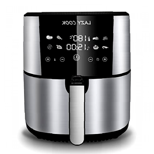 LAZY COOK Freidora sin Aceite 6 L, Freidora de Aire Caliente 1800W con Pantalla LED Táctil ，Actualizar Air Fryer con Función de Precalentar, Descongelar, con Recetas