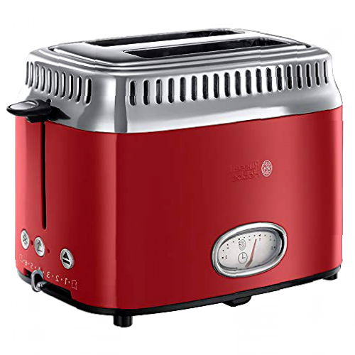 Russell Hobbs Tostadora Retro - 2 Ranuras Cortas y Anchas, Tostador para 2 Rebanadas, Bandeja Recogemigas, Calientapanecillos, Función Descongelar, Diseño Vintage, Acero Inoxidable, Rojo - 21680-56