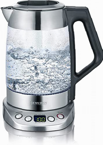 SEVERIN Tetera y hervidor de agua de cristal Deluxe, tetera eléctrica con temperatura y tiempo ajustables, tetera hervidor con programas, 3000 W, acero inoxidable, WK 3479