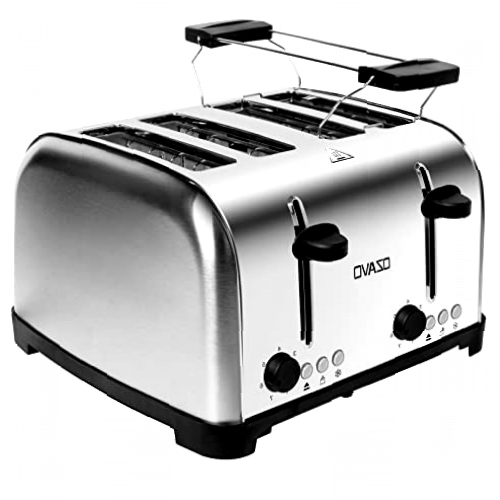 OZAVO Tostadora 4 Ranuras, Tostadora para Tostada Pan de Acero Inoxidable Automática 4 Discos, con Bandeja Extraíble, Soporte para Calentar Pan Descongelar, 7 Niveles de Tostado, 1250-1500W