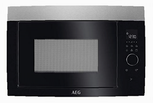 AEG MBE2657DEM Microondas Integrable con Grill de 800 W, Display LED táctil rotativo, Luz interior, Apertura electrónica, Programa descongelar, Cocción, Marco Integrado, 900 W, Negro/Inox, 26 L