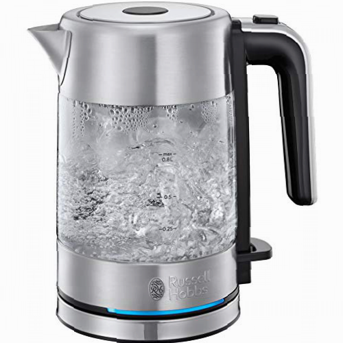 Russell Hobbs Hervidor de Agua Eléctrico Compact Home - 0,8 litros, Hervidor Pequeño, 2200 W, Diseño Compacto en Cristal, Filtro Extraíble, Base de 360°, Detalles en Acero Inoxidable, Plata - 24191-70