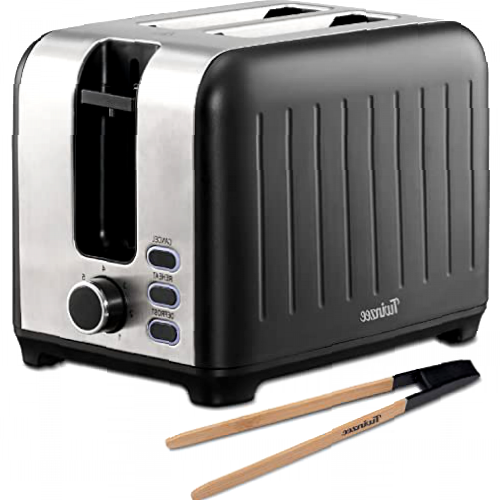 Tostadora Pan Ranura Ancha 3 en 1 - Negra Mate Inoxidable, Tostadora Vintage - Pinzas de Bambú gratuíta - 7 Niveles Tostado - 850W - Calienta Panecillos y Recoge Migas