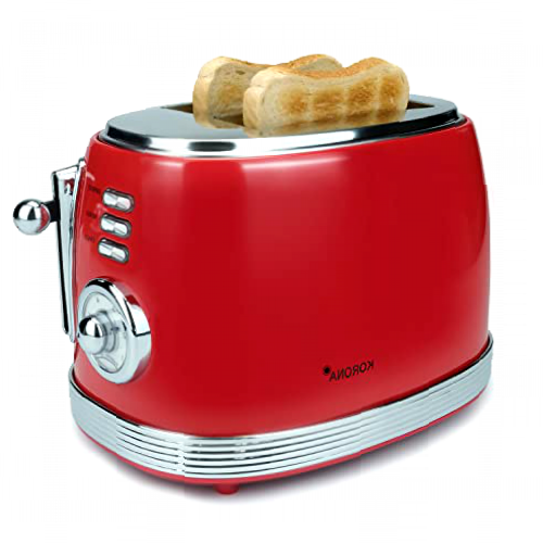 Korona 21668 Tostadora retro, 2 rebanadas de pan, indicador de nivel de tostado, color rojo, accesorio para panecillos, bandeja recogemigas