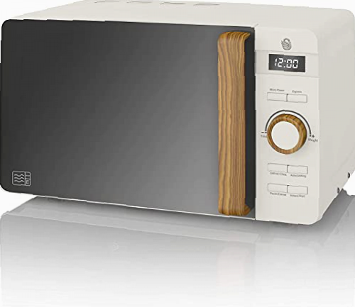 Swan Nordic Microondas digital 20L, 6 Niveles Funcionamiento, 800W Potencia, Temporizador 30 min, Fácil Limpieza, Modo Descongelar, Diseño Moderno, Tirador Efecto Madera, Blanco Mate