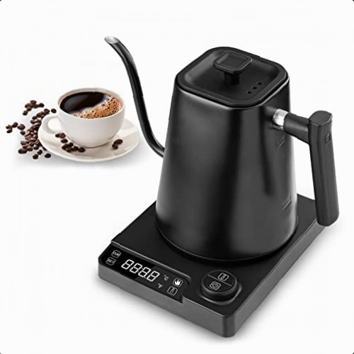 Fityou Hervidor EléCtrico de Cuello de Cisne, control de temperatura, 1-24H mantiene el calor, calentamiento rápido, 1L, 1200W, digitales LED mostrar, para café y té de especialidad, negro mate