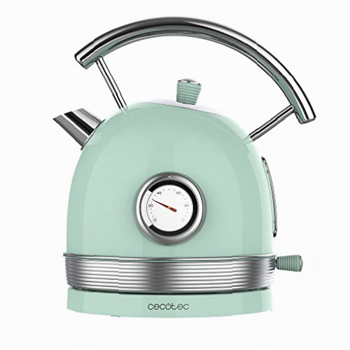 Cecotec Hervidor de Agua Eléctrico ThermoSense 420 Light Green. 1,8 Litros de capacidad, 2200 W, Medidor de Temperatura, Base 360º, Acero Inoxidable, Estilo Vintage, Verde