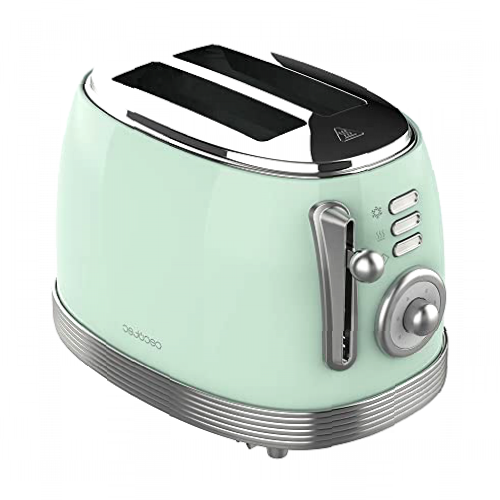 Cecotec Tostadora Toast&Taste 800 Vintage Light Green. 850 W, Doble Ranura Corta Extra anchas de 3,8 cm, 2 Tostadas, Acabados en Acero Inoxidable, Estilo Vintage, 3 Funciones, Verde