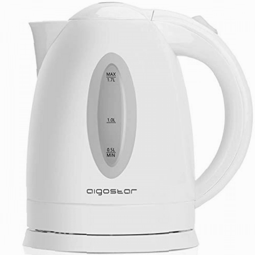 Aigostar Hervidor de Agua Eléctrico, 1,7 litros, Libre de BPA, 2200 W de Potencia, Base 360º, Filtro Antical Desmontable, Función Apagado Automático, Nivel Agua, Plástico, Blanco
