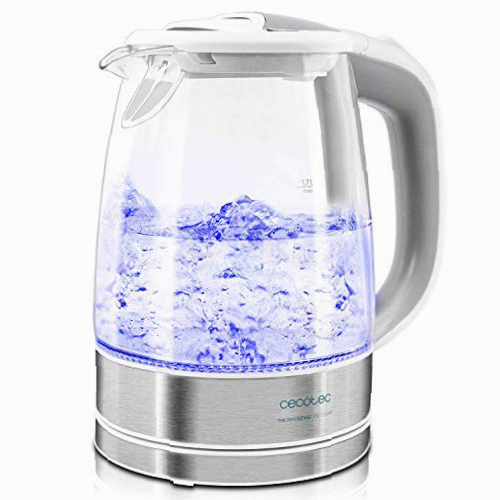 Cecotec Hervidor de Agua Eléctrico ThermoSense 350 Clear. 1,7 litros, Libre de BPA, 2200 W de Potencia, Base 360º, Filtro Antical, Doble Sistema de Seguridad, Vidrio Borosilicato