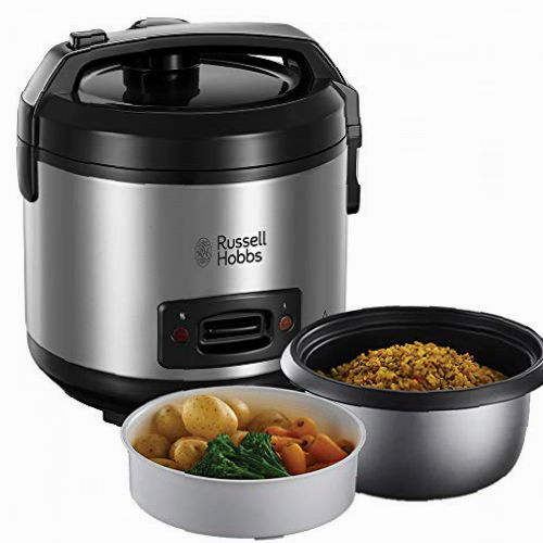 Russell Hobbs Arrocera y Vaporera - 8 Raciones, Bandeja para Cocinar al Vapor, Función Mantener el Calor, Recipiente Antiadherente, Vaso y Cuchara Medidora, Tapa de Bloqueo, 500 W - 27080-56