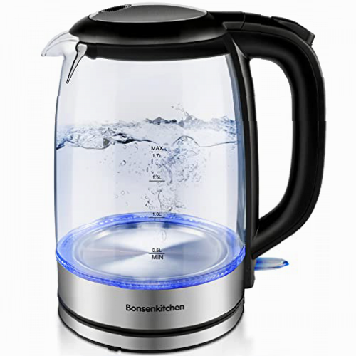 Hervidor de agua de cristal, 1,7 l, 2200 W, hervidor de agua eléctrico, con iluminación LED azul, apagado automático y protección contra sobrecalentamiento, de acero inoxidable 304