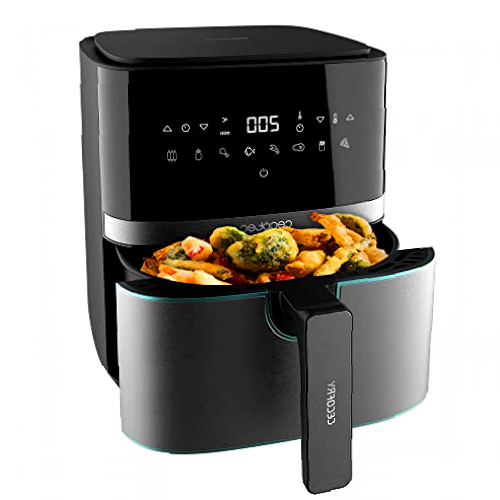 Cecotec Freidora sin Aceite de 5,5 L de Aire Caliente Cecofry Full InoxBlack 5500 Pro. 1700 W, Dietética y Digital, Panel Táctil, Acabados en Acero Inox, Tecnología PerfectCook, Termostato, 8 Modos