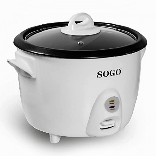 Sogo SS-10065 Olla arrocera y vaporera eléctrica inteligente 1.5 litros 8 tazas metal acabado blanco, 500W