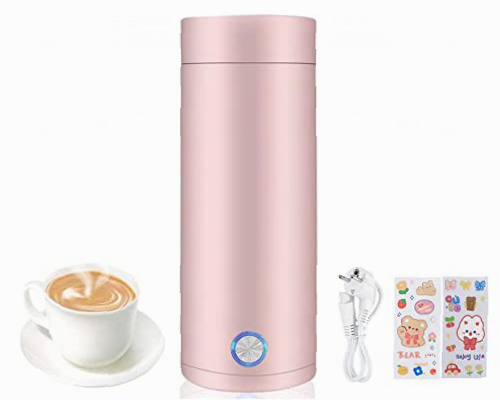 Hitoipin 400ml Hervidor Eléctrico Portátil, Hervidor de Agua de Acero Inoxidable, Mini Tetera de Viaje, Hervidor de Viaje con Cable de Alimentación, Enviar 2PCS Pegatinas, para Té, Leche y Café(Rosa)