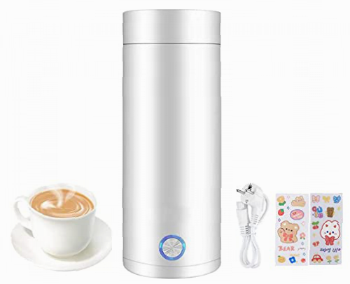 Hitoipin 400ml Hervidor Eléctrico Portátil, Hervidor de Agua de Acero Inoxidable, Mini Tetera de Viaje, Hervidor de Viaje con Cable de Alimentación, Enviar 2PCS Pegatinas, para Té,Leche,Café(Blanco)