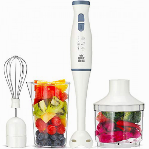 ForMe Batidora de Mano 4 en 1 Electrica 200W I 2 Elocidades I Picadora 500ml I Vaso Medidor de 500 ml y Varilla Batidora I Libre de BPA I para Smoothie Huevos Carnes y Vegetales