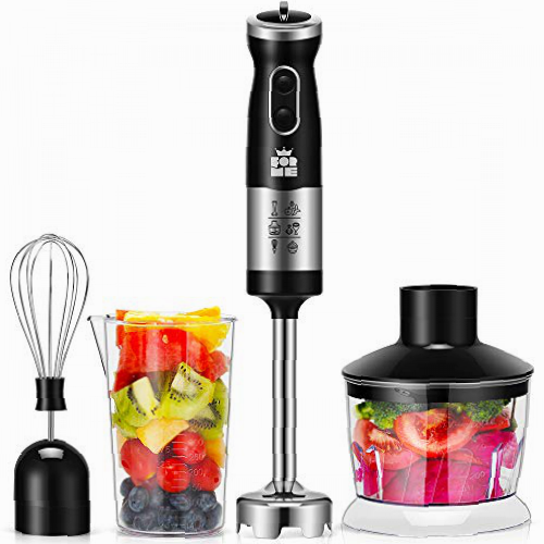 ForMe Batidora de Mano 4 en 1 Electrica 700W 2 Elocidades y Función Turbo I Picadora 600ml Vaso Medidor de 500 ml y Varilla Batidora Acero Inoxidable Libre de BPA I Smoothie Carnes Vegetales