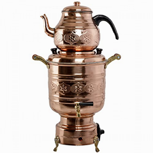 SANDWATCH Samovar de cobre con tetera - Semaver eléctrico de 3,5 litros con tetera de 1,1 litros - Tetera rusa/turca para acampar