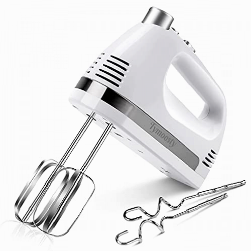 Tymoosty Batidora de Varillas Amasadora Repostería 5 Velocidades 450w, Turbo y Ejector, 2 Varillas y 2 Ganchos de Amasar de Acero Inoxidable Blanco
