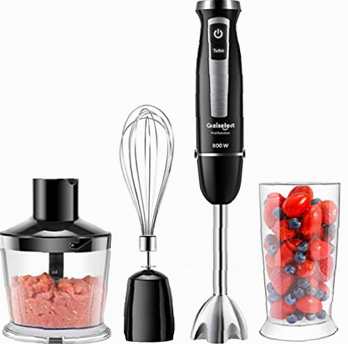 Coziselect 4 en 1 Batidora de Mano, Batidora Picadora 800W, Batidora de Varilla, 21 Velocidades y Función Turbo, Adecuada para la Preparación Ensaladas, Sopas y Batidos, Negro