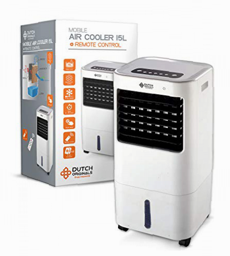 DUTCH ORIGINALS Climatizador evaporativo con mando a distancia, Enfriador de aire, Ventilador humidificador móvil 3 en 1, Pantalla táctil, Timer 7.5 h, 2 cajas hielo, 15 L