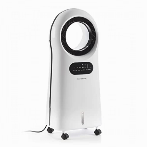 InnovaGoods® Climatizador portátil, humidificador, climatizador enfriador de aire, ventilador, sin aspas, climatizador evaporativo ionizador capacidad 3L, 100W, Flujo de aire 360º, Blanco-Negro.