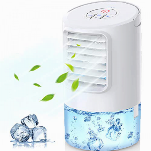 Aire Acondicionado Portátil, Enfriador de Aire Mini 4 en 1 Personal Climatizador Portátil Silencioso Ventilador, Humidificador 400ml 7 Colores de Luz Nocturna, 3 Velocidades, Temporizador 2/4H