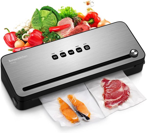 Bonsenkitchen Envasadora al Vacío Domesticas 4 en 1 Envasar al Vacio Maquina con Cortador de Película para Alimentos Fresca, Embasadora Incluyendo Bolsas de Vacío, Negra Selladora VS3802-0