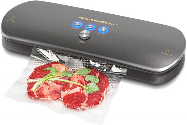 KitchenBoss Envasadora de alimentos al vacío, Sistema de Sellado Automático por Vacío, con Kit de Arranque 20 Bolsas envasado al vacío ( Gris )-0