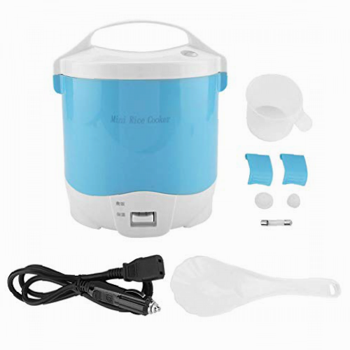 Arrocera mini de 1.6 litros, 24 V 180 W Arrocera eléctrico de alimentos Fiambrera portátil para calentar alimentos con cazo extraíble Olla de vapor Cuchara para medir la taza para Camión (Blue)