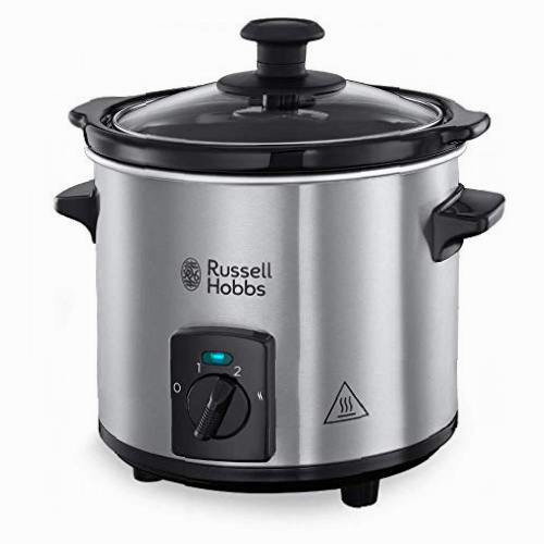 Russell Hobbs Olla de Cocción Lenta Compact Home - Capacidad 2 L, Diseño Compacto, 3 Temperaturas, Cuerpo de Acero Inoxidable, Cazuela Extraíble de Cerámica, Tapa de Cristal, Plata - 25570-56