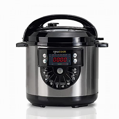 NEWCOOK Olla Programable Newcook Delicious Negra, Olla a Presión Multifunción Eléctrica con Voz, 15 Funciones, 1000W,6 l, 4 Niv. Presión,Cubeta con recubrimiento cerámico. Accesorio para Freír