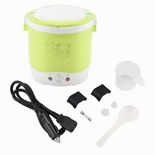 Olla arrocera para coche, olla arrocera eléctrica, olla arrocera multifuncional portátil eléctrica de 24 V, 100 W, 1 l, vaporizador de alimentos para el hogar, camión, uso al aire libre(green)